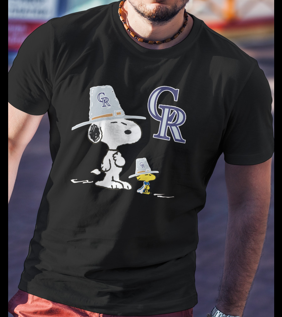 Colorado Rockies Snoopy Woodstock Thanksgiving Pilgrim Hats T-Shirt