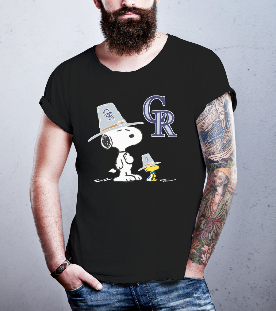 Colorado Rockies Snoopy Woodstock Thanksgiving Pilgrim Hats T-Shirt