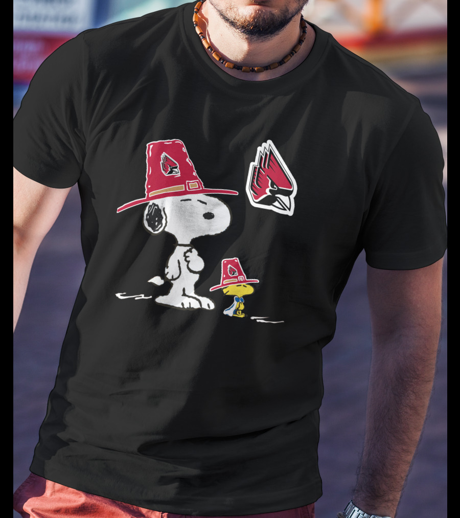 Ball State Cardinals Snoopy And Woodstock Pilgrim Hats Peanuts Sports Collaboration T-Shirt