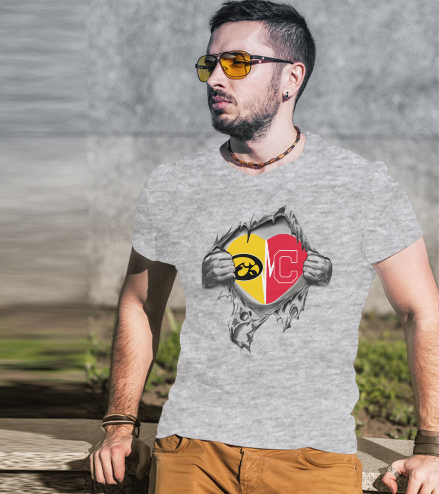 Iowa Hawkeyes Versus Indians Heart Logo Revealed Through Torn Fabric T-Shirt