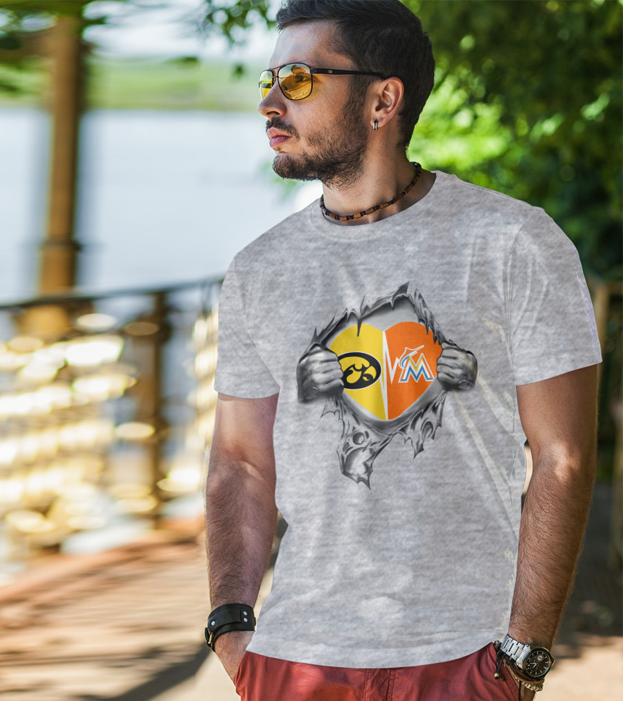 Iowa Hawkeyes Heart And Miami Marlins Heart Logos Ripped T-Shirt