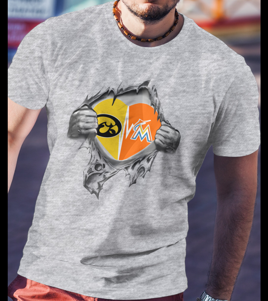 Iowa Hawkeyes Heart And Miami Marlins Heart Logos Ripped T-Shirt