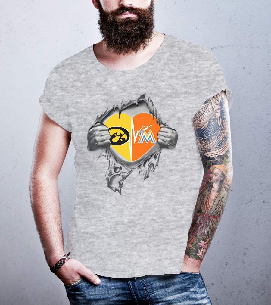 Iowa Hawkeyes Heart And Miami Marlins Heart Logos Ripped T-Shirt