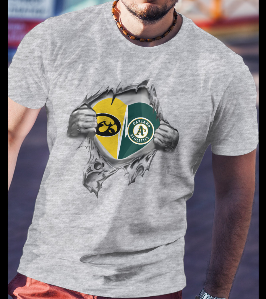 Iowa Hawkeyes Oakland Athletics Heart Design With Tearing Hands T-Shirt