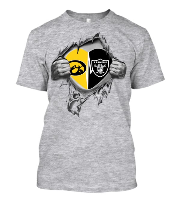 Iowa Hawkeyes Vs Raiders Heart Design With Iconic Logos In Ripped T-Shirt