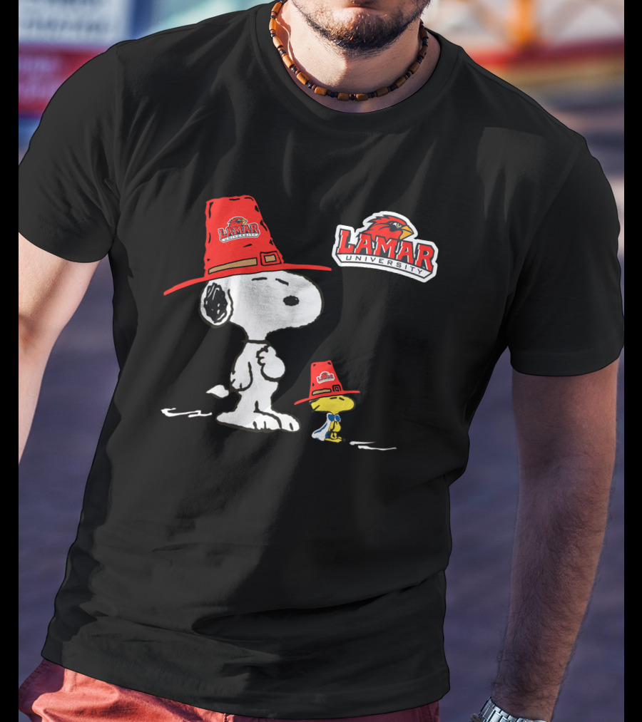 Lamar University Snoopy Woodstock Red Hat T-Shirt