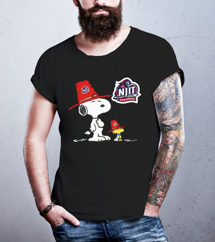 NJIT Highlanders Snoopy And Woodstock Wearing Red Hats T-Shirt
