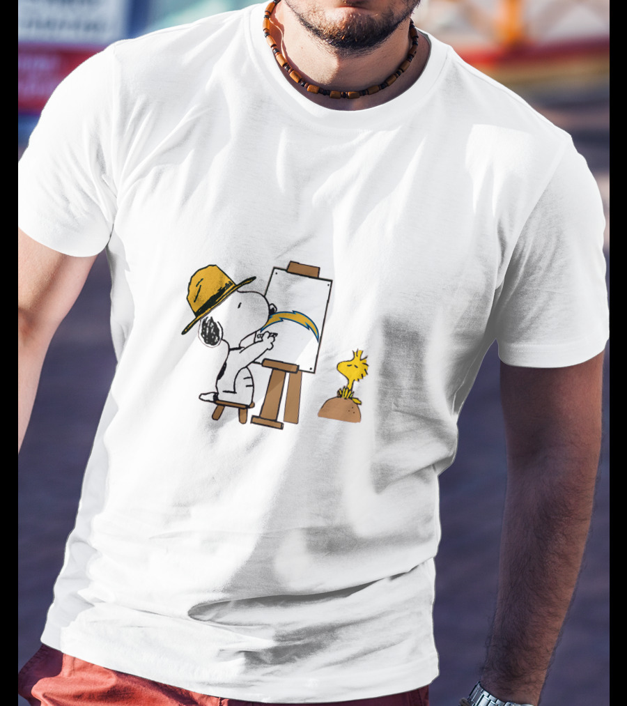Snoopy Painting Chargers Logo With Woodstock T-Shirt