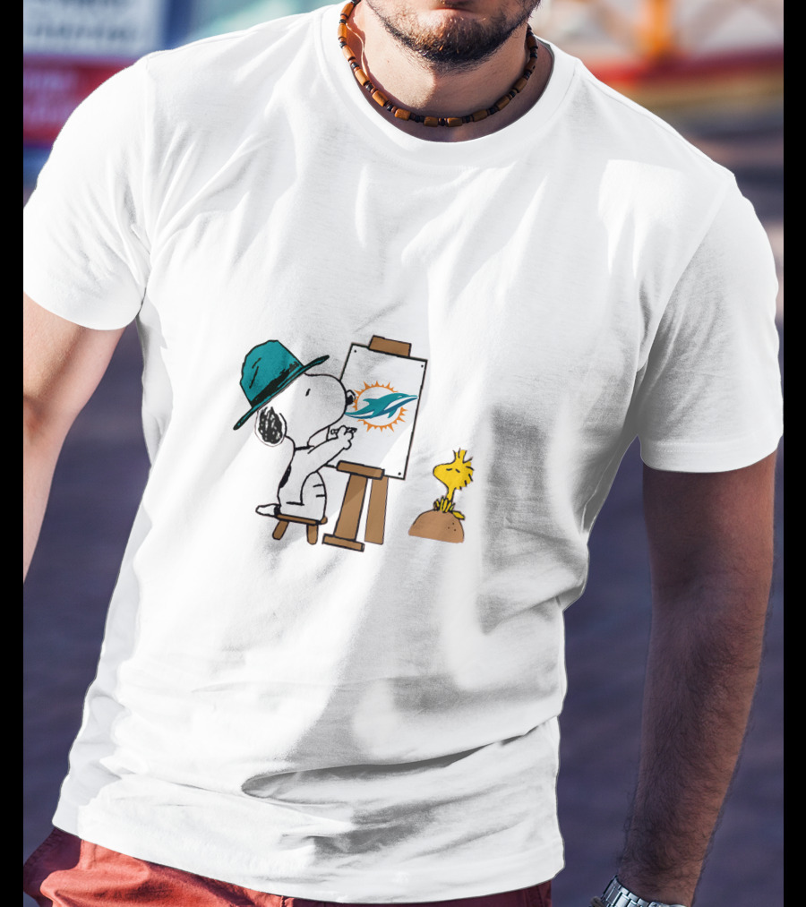 Snoopy Painting Miami Dolphins Logo With Woodstock T-Shirt