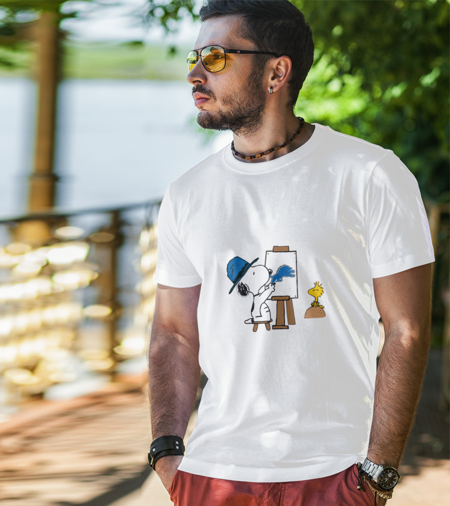Snoopy Painting With Blue Brushstroke And Woodstock T-Shirt