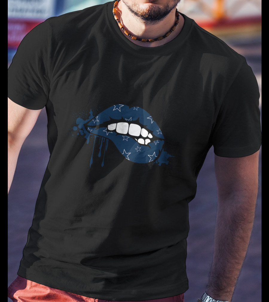 Dripping Lips Blue Star Pattern Cowboys T-Shirt