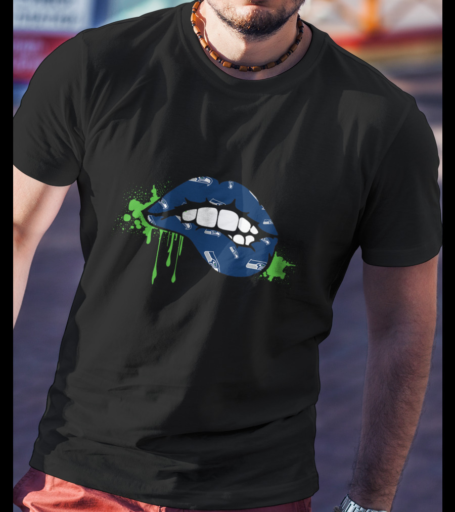 Seahawks Logo Dripping Lips In Blue And Green T-Shirt