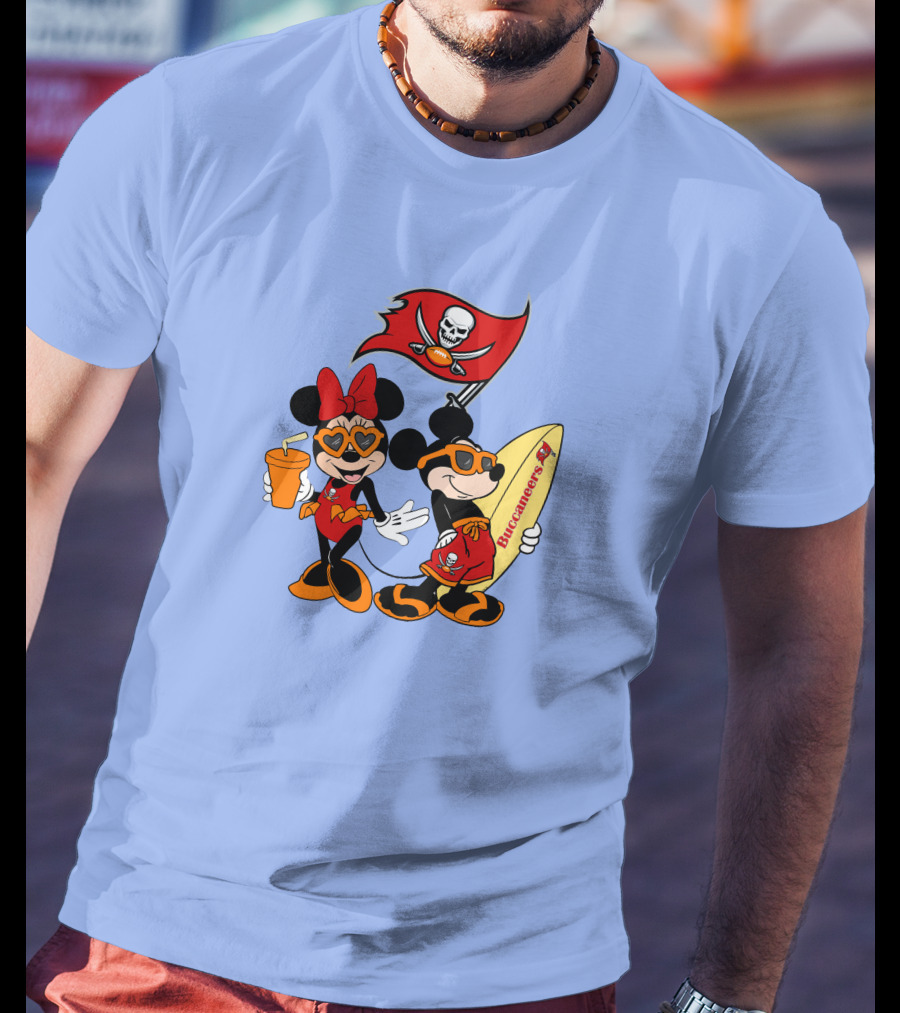 Buccaneers Vacation Mickey And Minnie With Pirate Flag And Surfboard T-Shirt