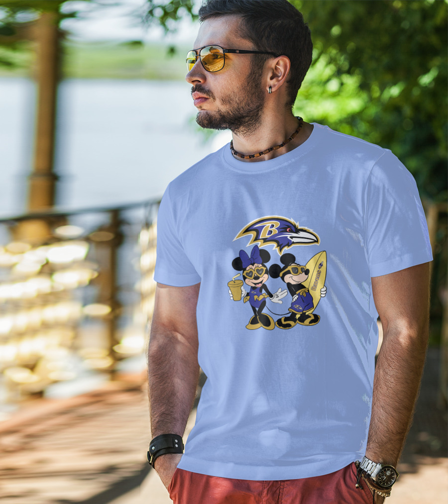 Ravens Mickey Minnie Vacation Surfing Football Fan Celebration T-Shirt