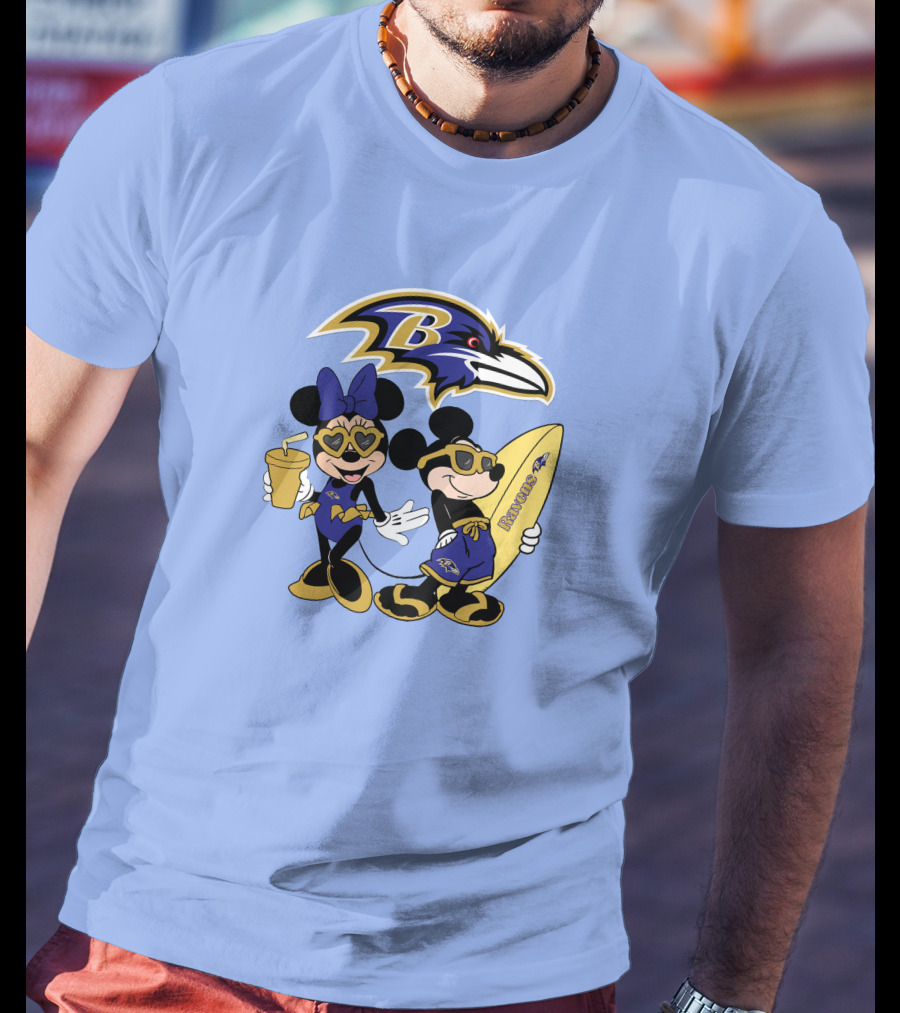 Ravens Mickey Minnie Vacation Surfing Football Fan Celebration T-Shirt