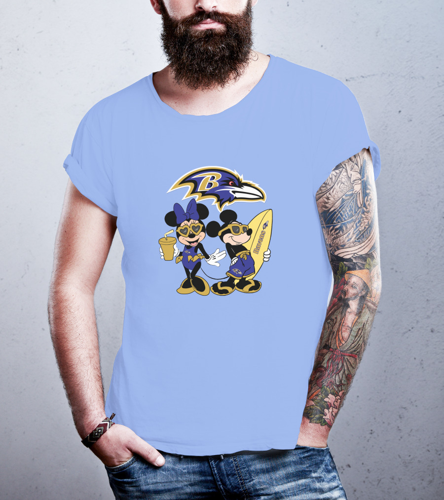 Ravens Mickey Minnie Vacation Surfing Football Fan Celebration T-Shirt