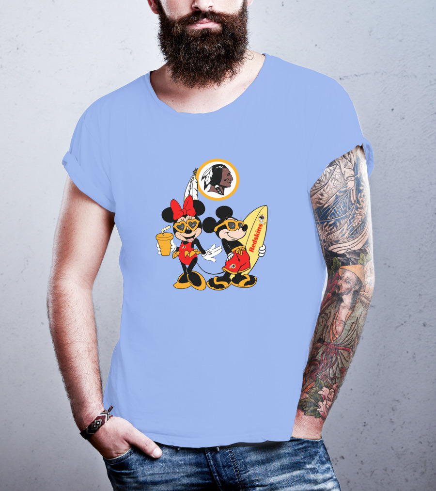 Redskins Mickey And Minnie Vacation Fun With Surfboard And Drink T-Shirt
