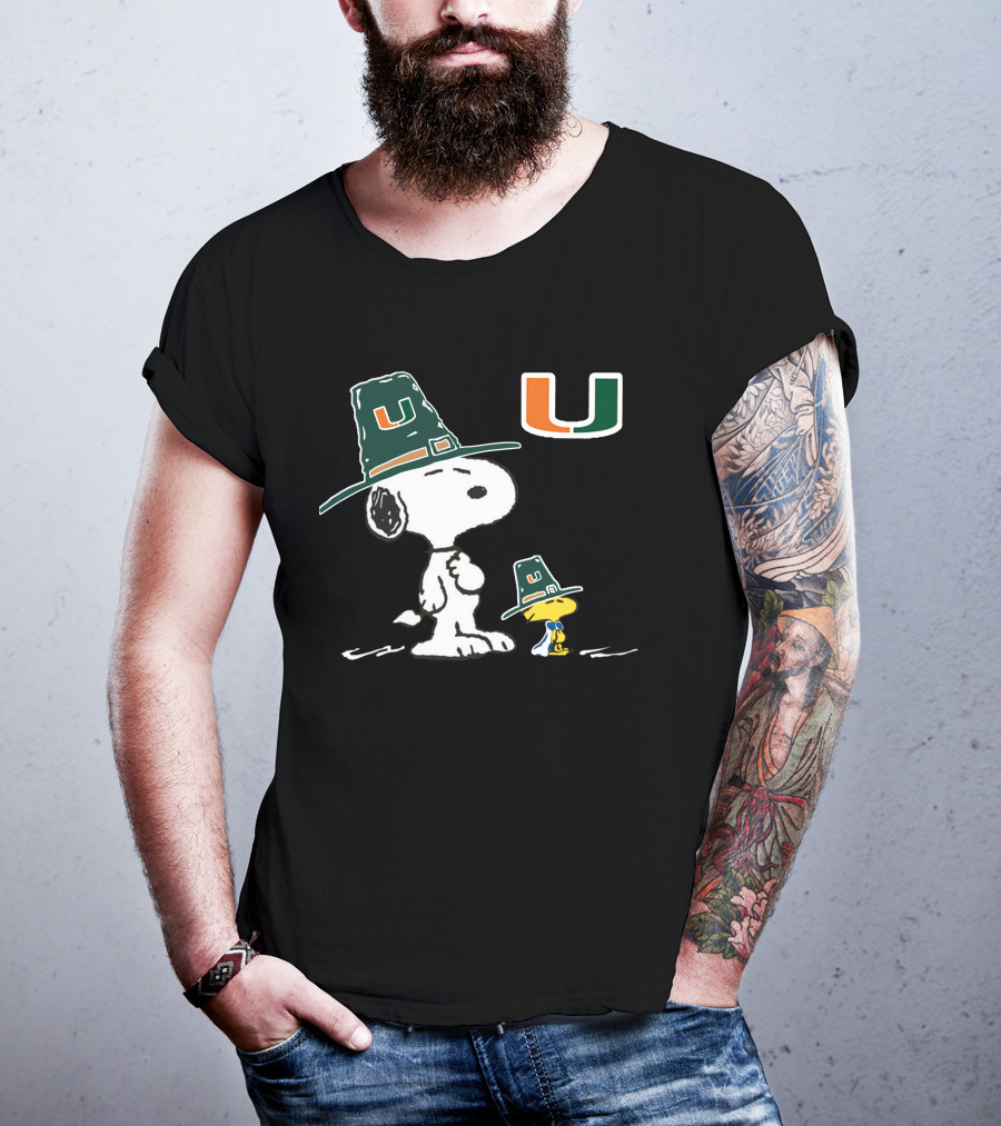 Miami Hurricanes Snoopy Woodstock Pilgrim Hats University T-Shirt