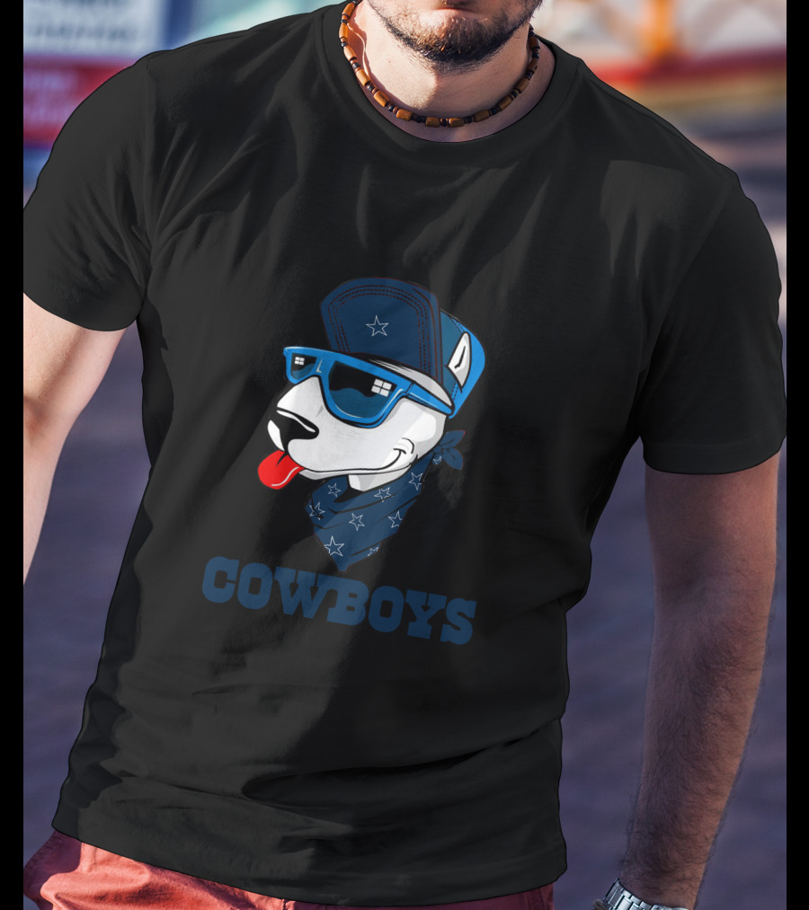 Cowboys Bull Terrier In Blue Sunglasses And Bandana T-Shirt