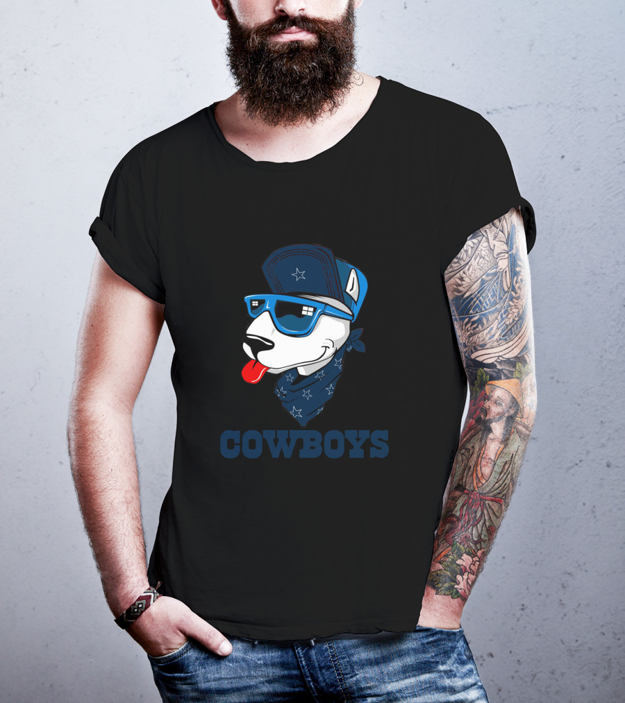 Cowboys Bull Terrier In Blue Sunglasses And Bandana T-Shirt