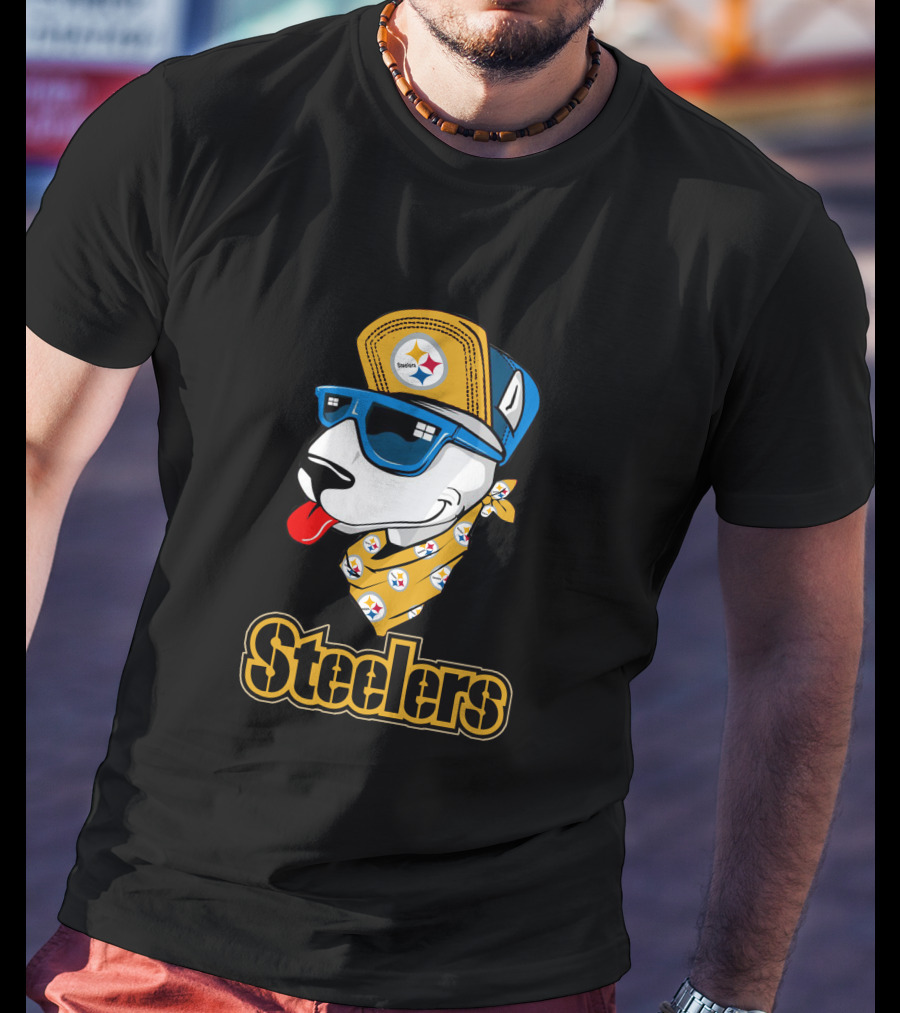 Steelers Bull Terrier Wearing Cap And Sunglasses With Logo Bandana T-Shirt