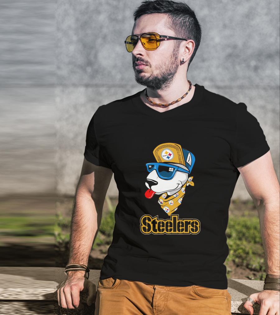 Steelers Bull Terrier Wearing Cap And Sunglasses With Logo Bandana T-Shirt