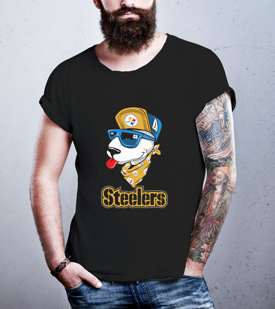Steelers Bull Terrier Wearing Cap And Sunglasses With Logo Bandana T-Shirt