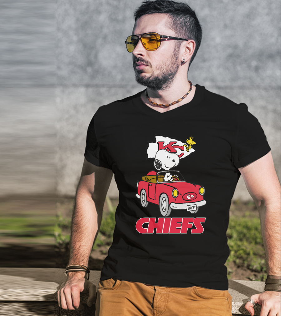 Chiefs Snoopy Driving With KC Flag T-Shirt