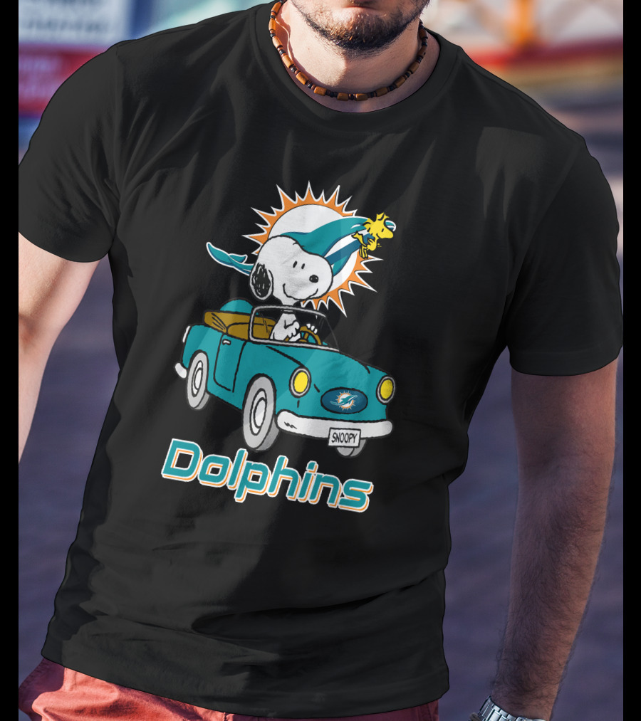 Miami Dolphins Snoopy Driving Car With Woodstock T-Shirt