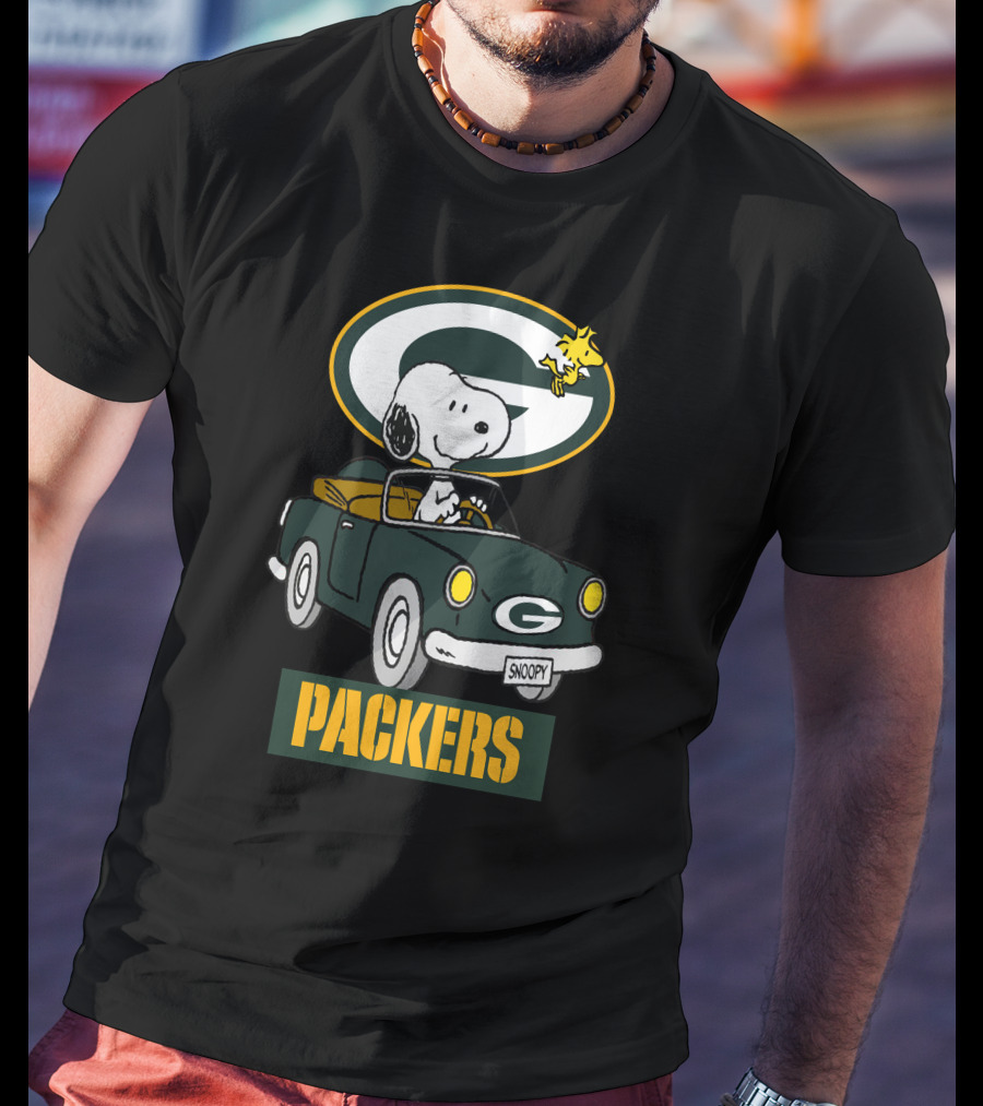 Packers Snoopy Driving Car With Woodstock And Packers T-Shirt