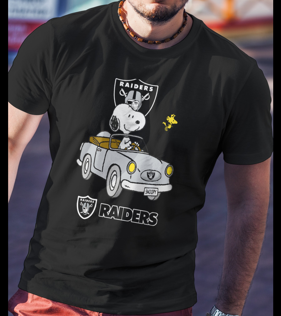 Raiders Snoopy Driving Cartoon With Woodstock And NFL T-Shirt
