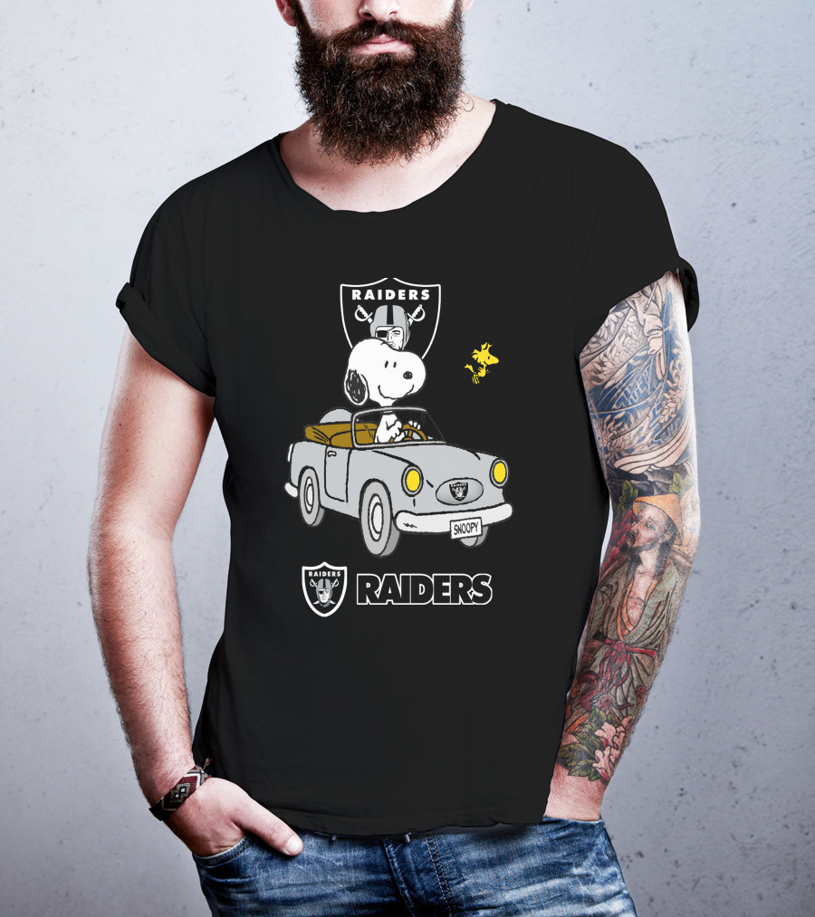 Raiders Snoopy Driving Cartoon With Woodstock And NFL T-Shirt