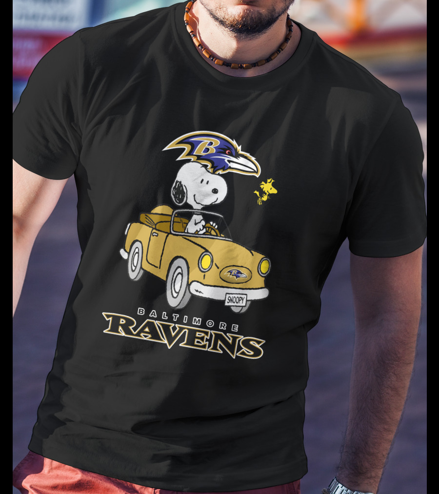 Baltimore Ravens Snoopy Driving Car With Woodstock T-Shirt