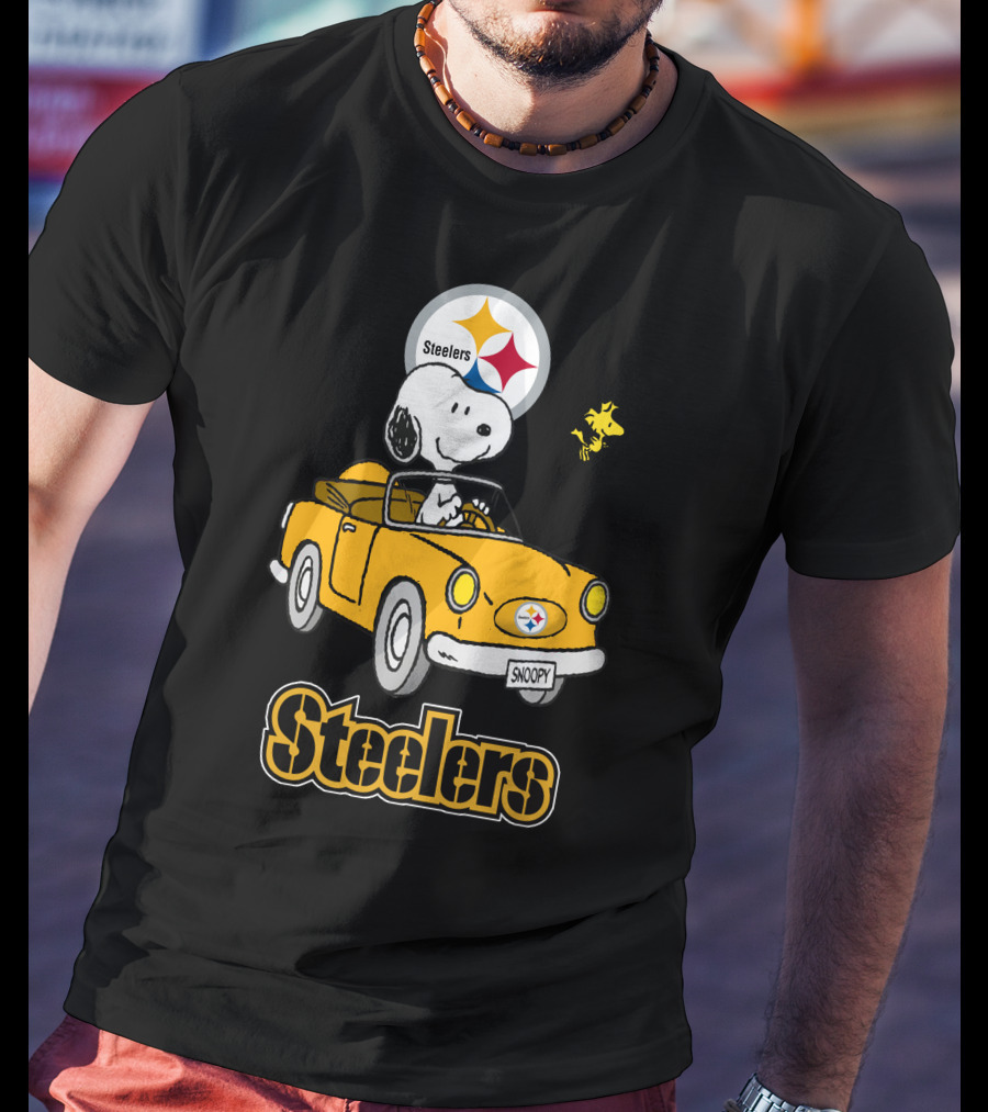 Steelers Snoopy Driving With Woodstock In Yellow Car T-Shirt