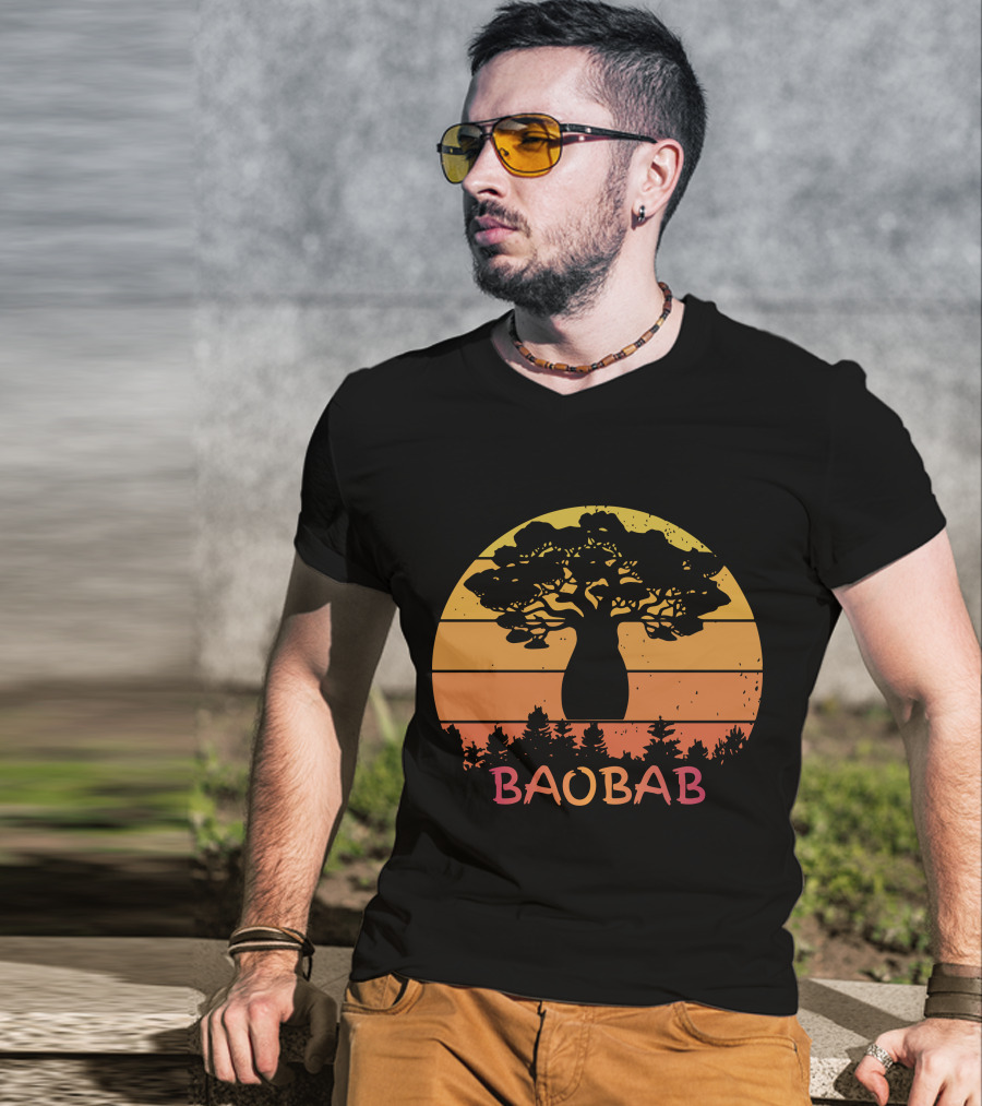 BAOBAB Sunset Silhouette Retro Vintage Forest Scene T-Shirt