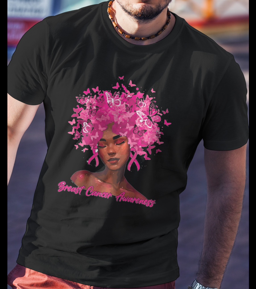 Black Queen Breast Cancer Awareness Month Butterflies Pink T-Shirt