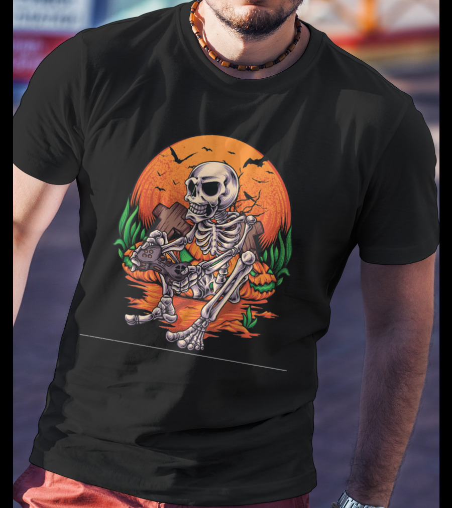 Skeleton Gamer Halloween Pumpkin Bat Gaming Controller Scene T-Shirt