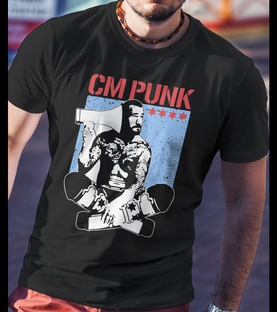 CM Punk AEW All Elite Wrestling Megaphone Graphic With Red Stars T-Shirt