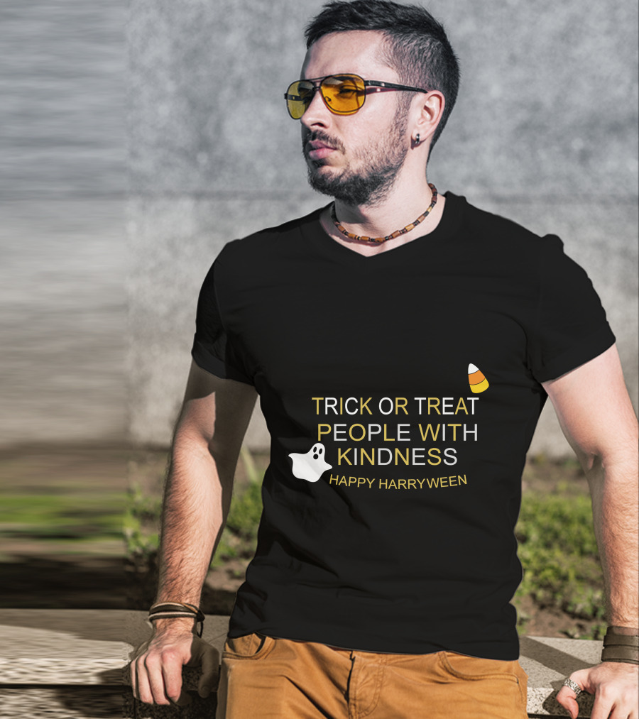 TRICK OR TREAT PEOPLE WITH KINDNESS HAPPY HARRYWEEN Ghost Candy Corn T-Shirt