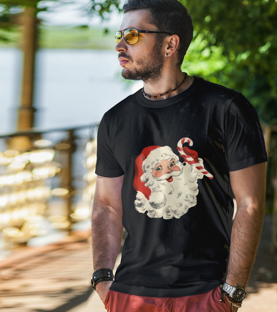 Retro Santa Claus Candy Cane Vintage Christmas T-Shirt