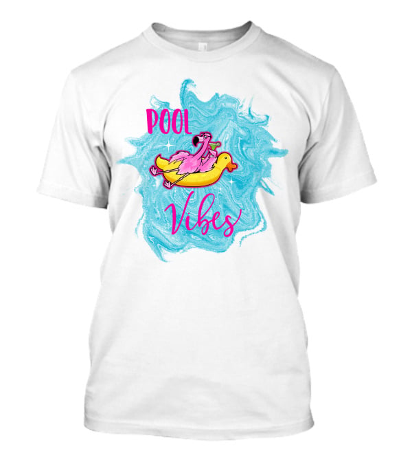 Pool Vibes Flamingo On Inflatable Duck With Blue Swirl Background T-Shirt