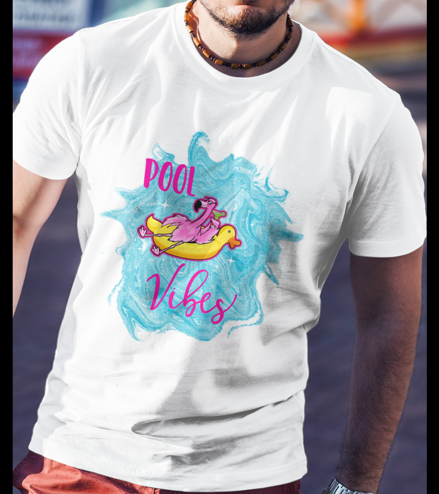 Pool Vibes Flamingo On Inflatable Duck With Blue Swirl Background T-Shirt