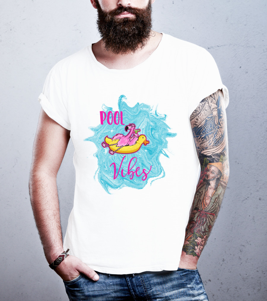 Pool Vibes Flamingo On Inflatable Duck With Blue Swirl Background T-Shirt