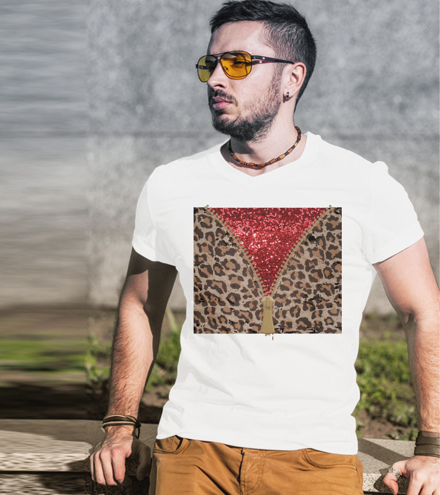 Red Faux Glitter Leopard Zipper Tumbler T-Shirt