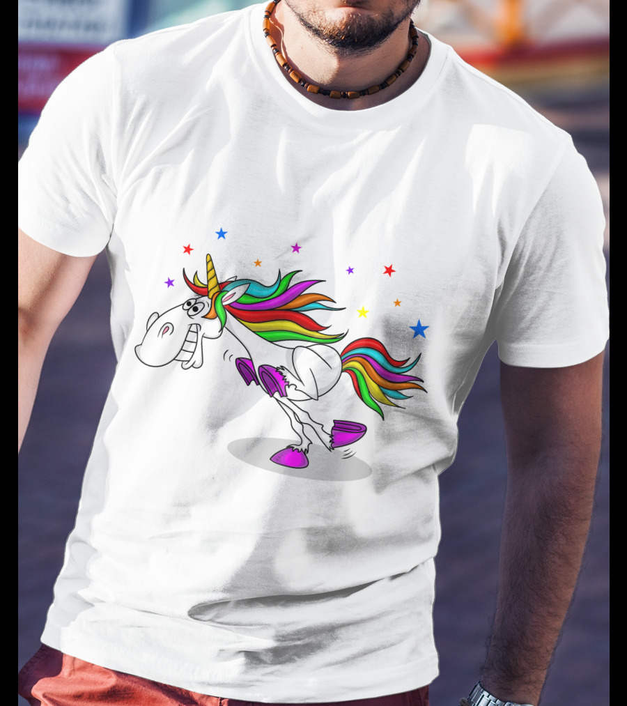 Awesome Unicorn Twinkles Rainbow Kicking Fun Stars Vibrant Mane T-Shirt