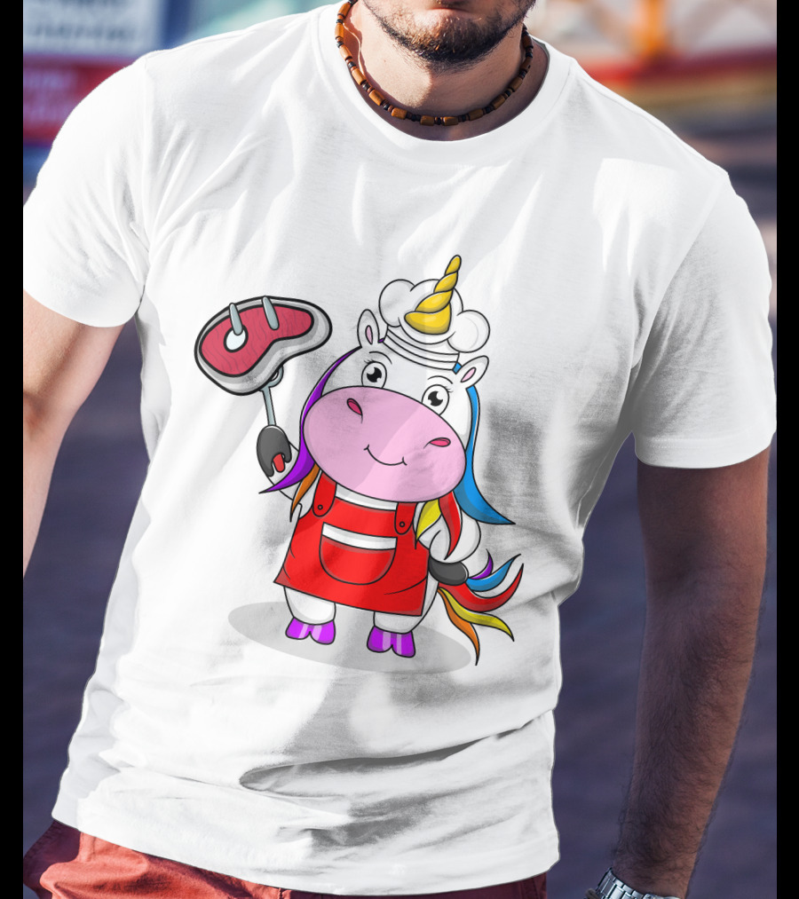 Barbecue Unicorn Chef With Rainbow Mane And Grilled Steak T-Shirt