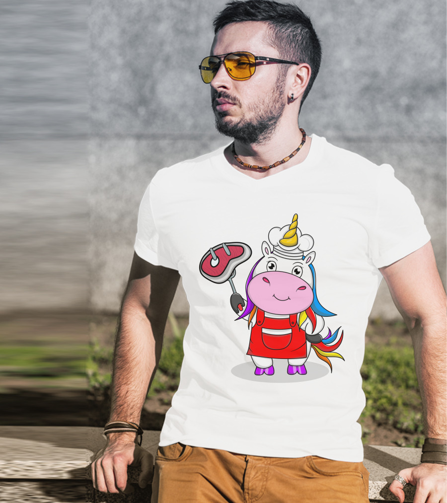 Barbecue Unicorn Chef With Rainbow Mane And Grilled Steak T-Shirt