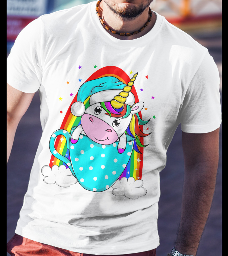 Christmas Unicorn In Cup Rainbow Santa Hat Stars T-Shirt