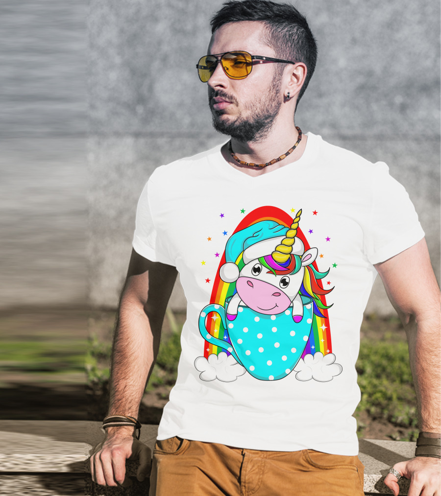 Christmas Unicorn In Cup Rainbow Santa Hat Stars T-Shirt