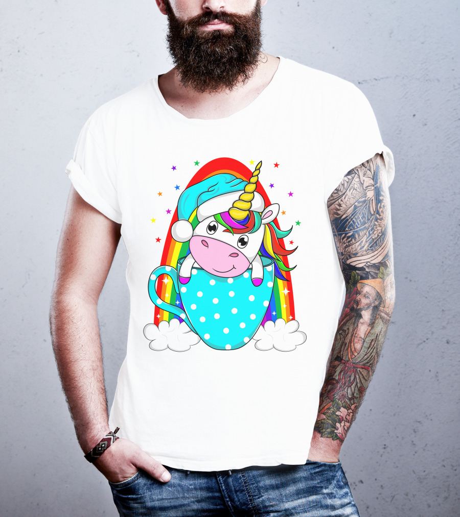 Christmas Unicorn In Cup Rainbow Santa Hat Stars T-Shirt